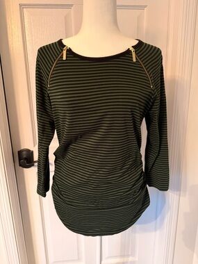 Michael Kors Navy and Green Striped Long-Sleeve Top with Gold Zippers-Size Large
